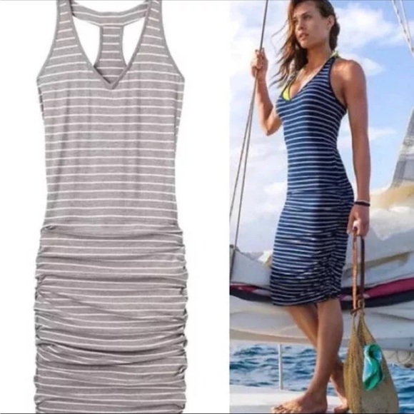 Athleta Dresses & Skirts - Athleta midi dress size XL striped spaghetti strap rouched skirt